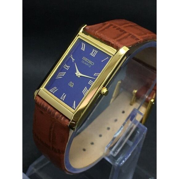 Seiko Other - Vintage Style Seiko Quartz Mens Gold Watch & Blue accents W/ Leather Strap